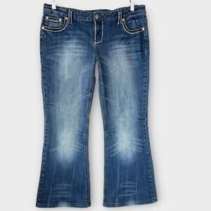 Vanity Premium Embellished Bootcut Mid Rise Blue Washed Jeans Stretchy Size 32W
